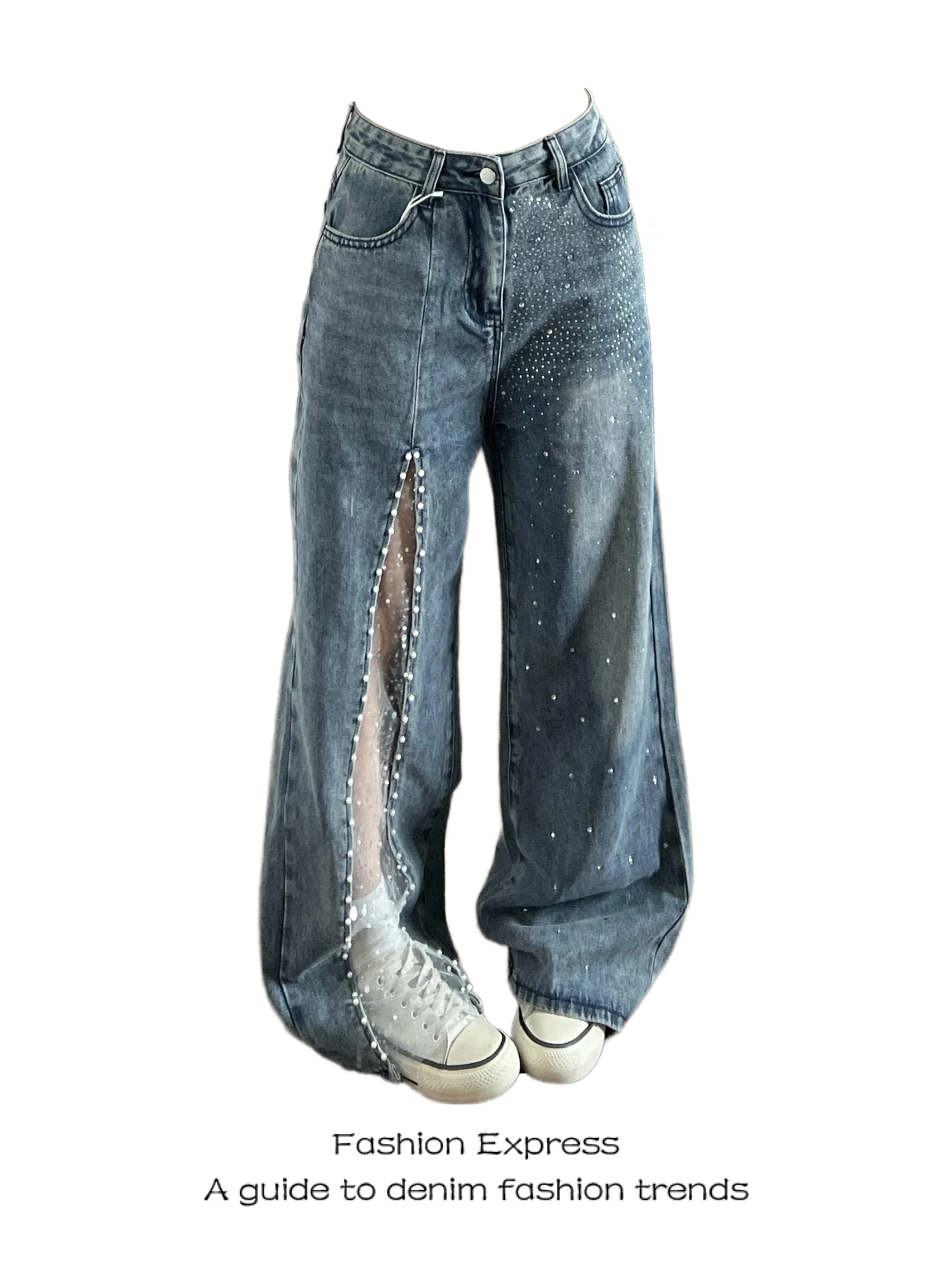 

American Heavy Duty Rhinestone High Waist Wide Leg Jeans Women's Fashionable Street Lace Embellished Patchwork Long Pants