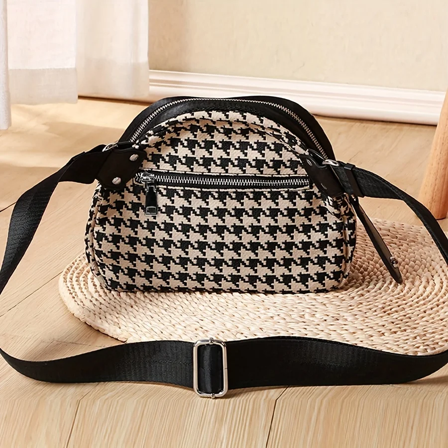 Versatile Houndstooth Canvas Bag for Women Adjustable Strap Secure Zip,Embroidered Detail Perfect for Travel Daily Use Chest Bag