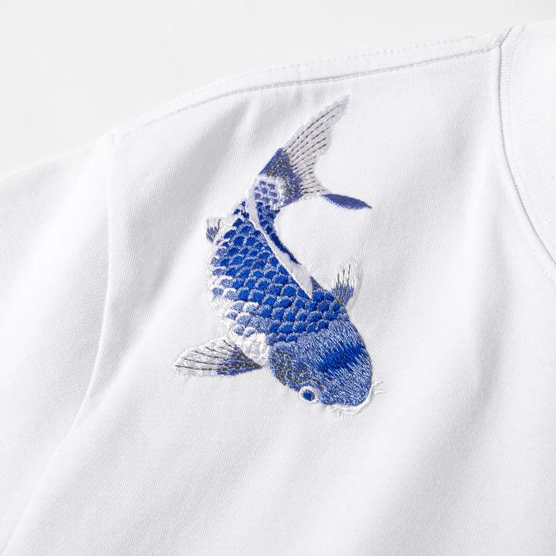 Lyprerazy Summer Chinese Style Carp Embroidery Short-sleeved Men T-shirt Cotton Loose Tops Tees