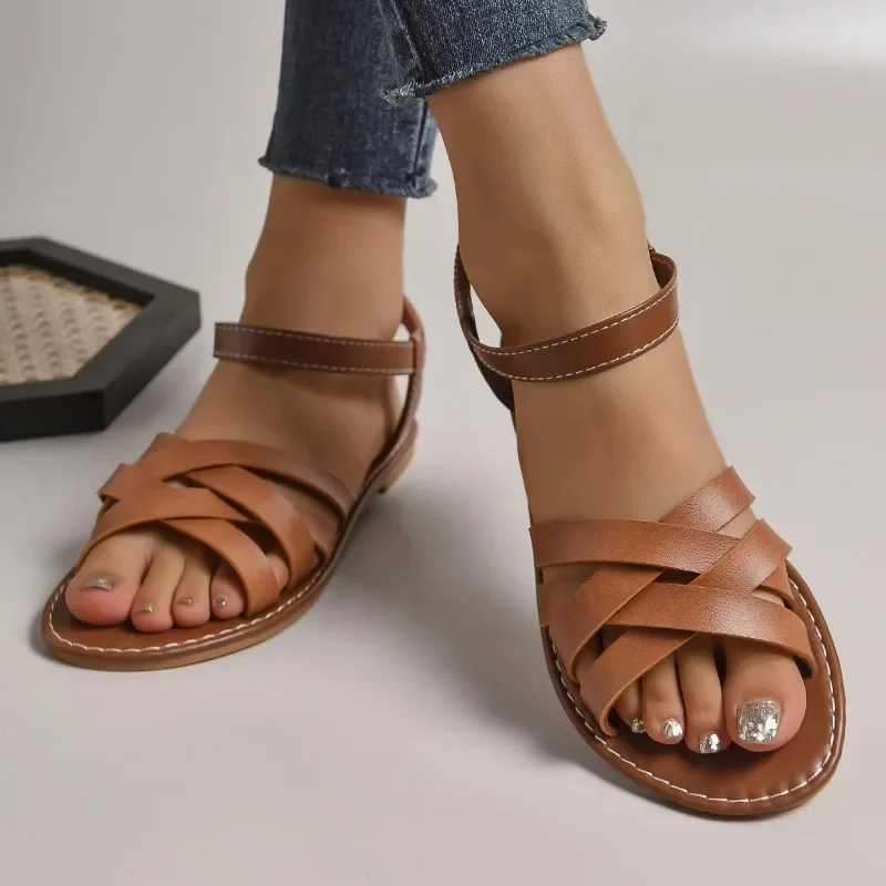 New Women Fashion Casual Summer 2024 New Flat Solid Shoes Crisscross Ankle Strap Ladies Beach Sandals Women\'s Sandalias Slippers