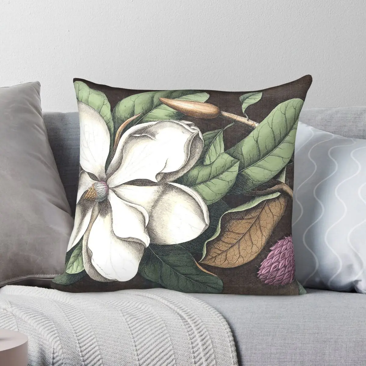 Mark Catesby Magnolia Square Pillowcase Polyester Linen Velvet Pattern Zip Decor Home Cushion Cover 18