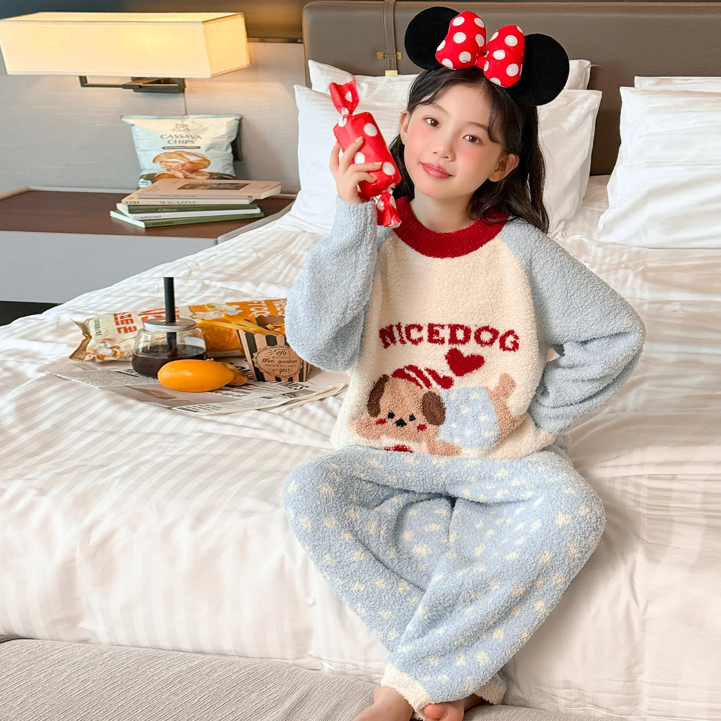 2025 جديد الخريف الشتاء سميكة نصف الصوف الكرتون Homewear مجموعات الكورية نمط في الهواء الطلق يمكن ارتداؤها لينة مريحة طويلة الأكمام