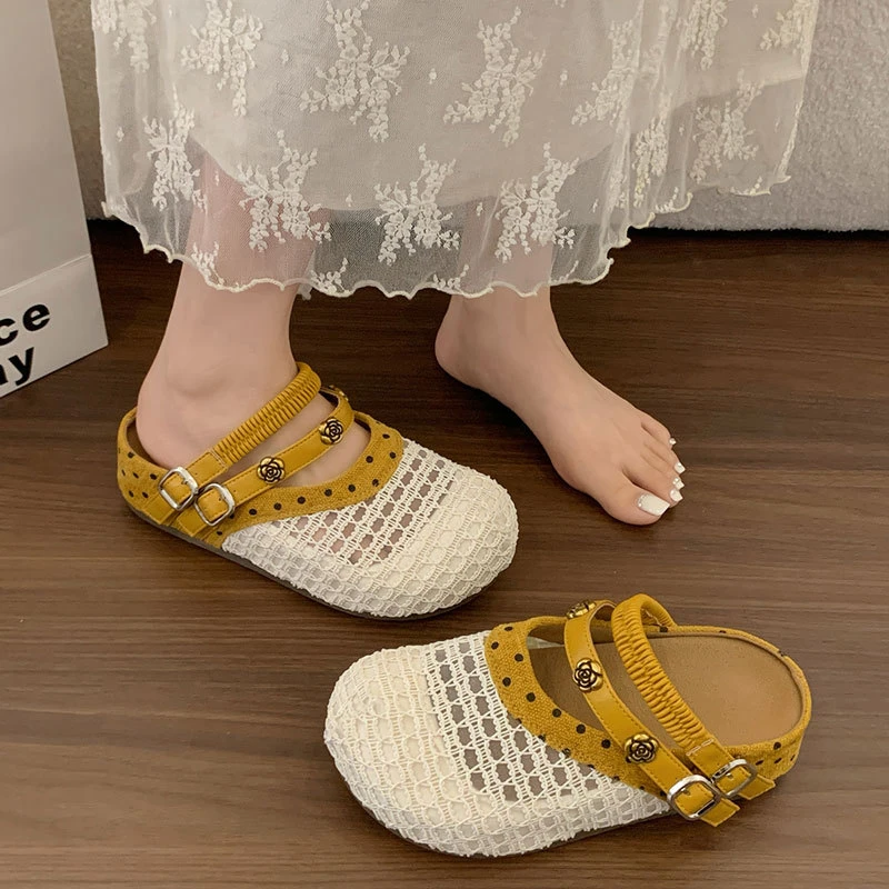 Two Way Hollow Knitted Mule Sandals Women Polka Dot Rose Ornament Dual Straps Shoe Woman Crochet Flats Lady Elegant Mules Sandal