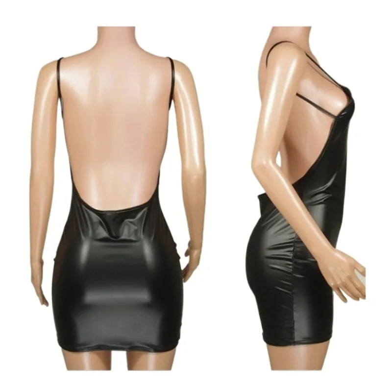 Sexy Faux Leather Dress Backless Club Party Short Dress Solid Black Wet Look Latex Bodycon Push Up Bra Mini Micro Dress