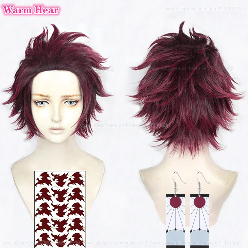 

Anime Kamado TanjIrou Cosplay Wig Short 30cm Reddish Brown Wig Cosplay Anime Heat Resistant Synthetic Party 2023 Wig + Wig Cap