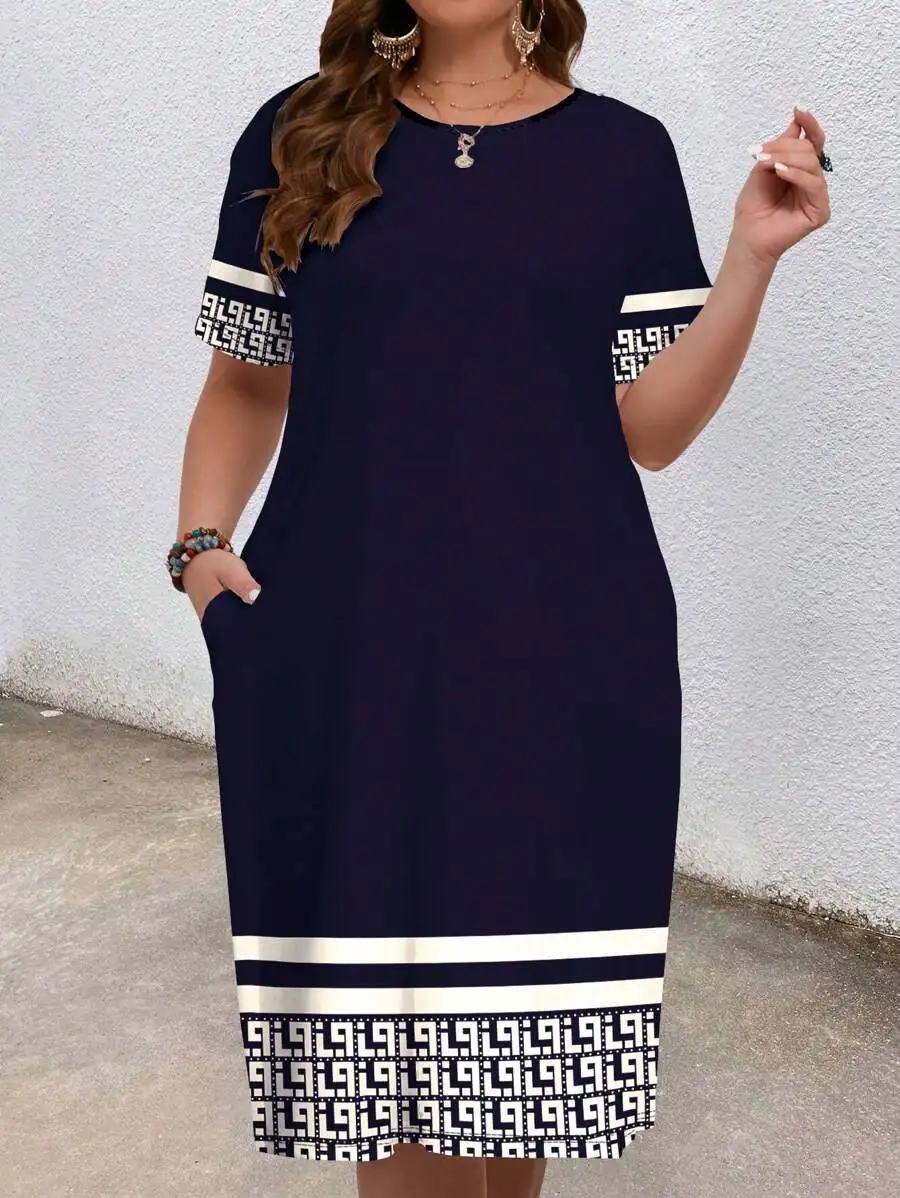 

Plus Size Casual Geometric Print Dress For Women Summer Chic