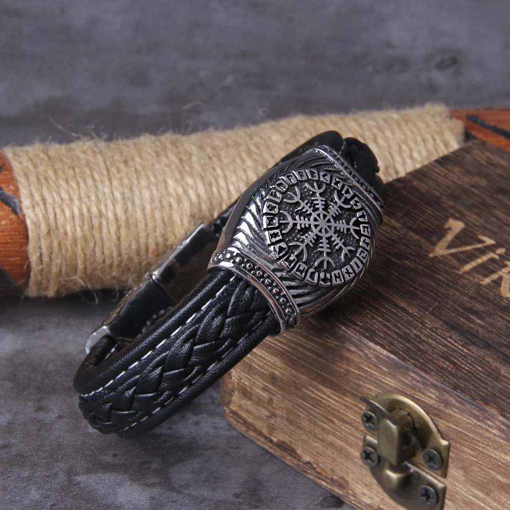 316L Stainless Steel Viking Vegvisir Compass Pendants Bangle Nose Runes Men Jewelry Odin Symbol Leather bracelet - view 2