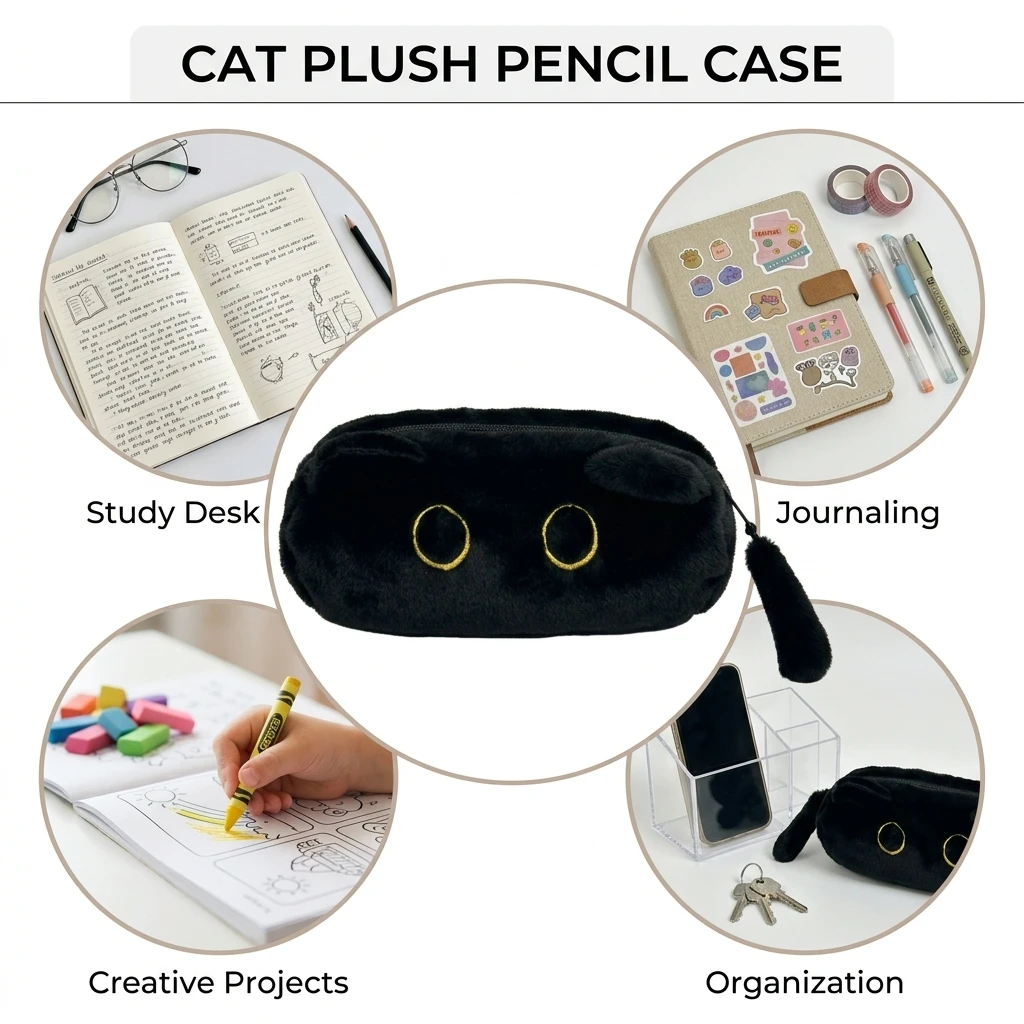 Plüschiges Katzen-Federmäppchen mit großem Fassungsvermögen, niedliches 3D-Design, glatter Reißverschluss, Organizer für Schulbedarf für Schüler – Detail 3
