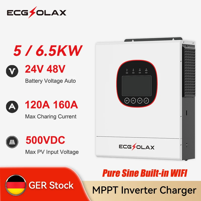 ECGSOLAX 5KW 6.5KW Inverter solare ibrido 24V 48V 220Vac con MPPT 120A 160A Inverter ibrido solare WIFI integrato