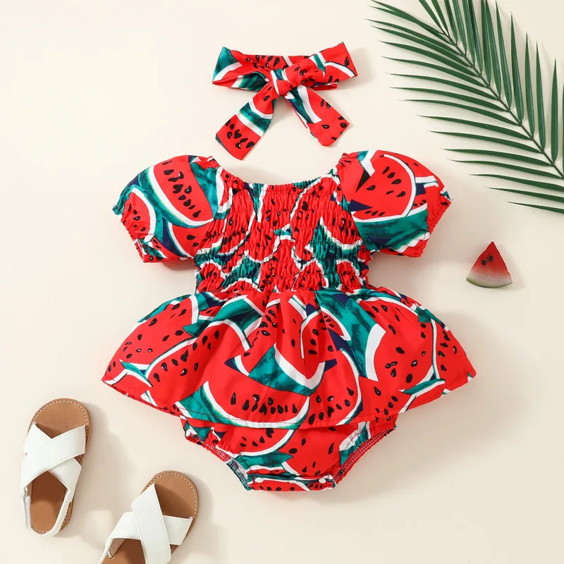 Baby Girl Bodysuits 2 Piece Outfits Watermelon Print Short Sleeve Romper Dress with Cute Headband Set Summer Clothes