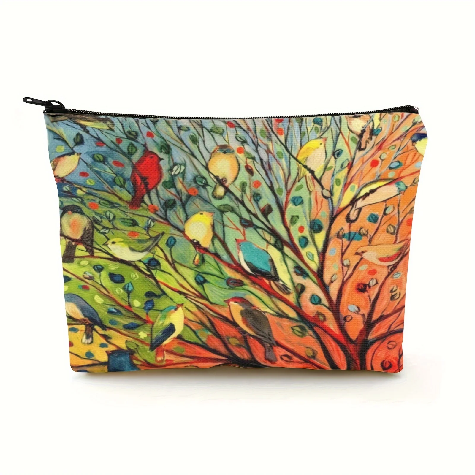 1 Pcs Whimsical Tree Bird Linen Fabric Makeup Bag for Women Cosmetic Storage Pouch with Toiletry Wash Organizer