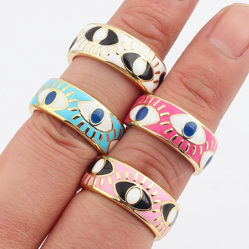 

Turkish Evil Eye Opening Adjustable Finger Ring Gold Colored Enamel Dripping Oil Cuff Ring for Women Men Friendship Jewelry Gift