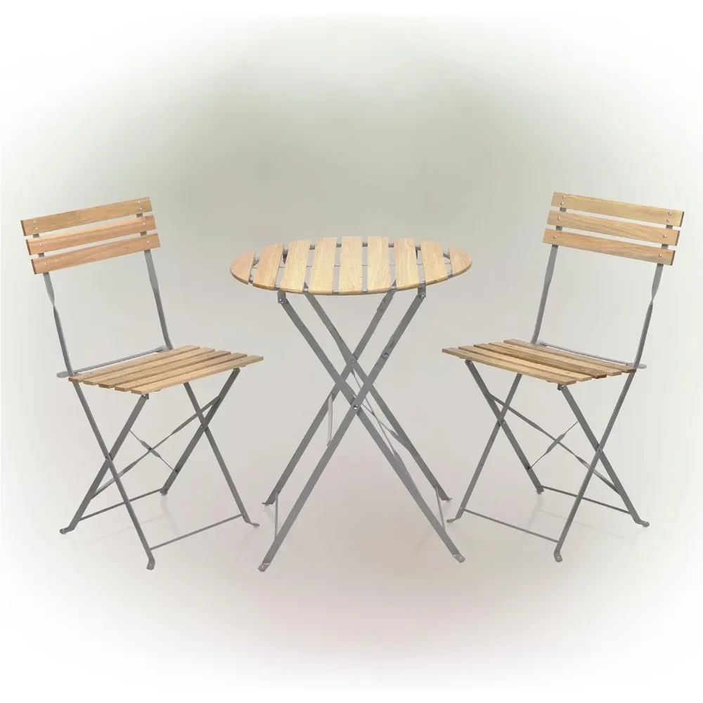 3-Piece Wood Slat and Metal Bistro Set Garden Furniture, Silver/Neutral