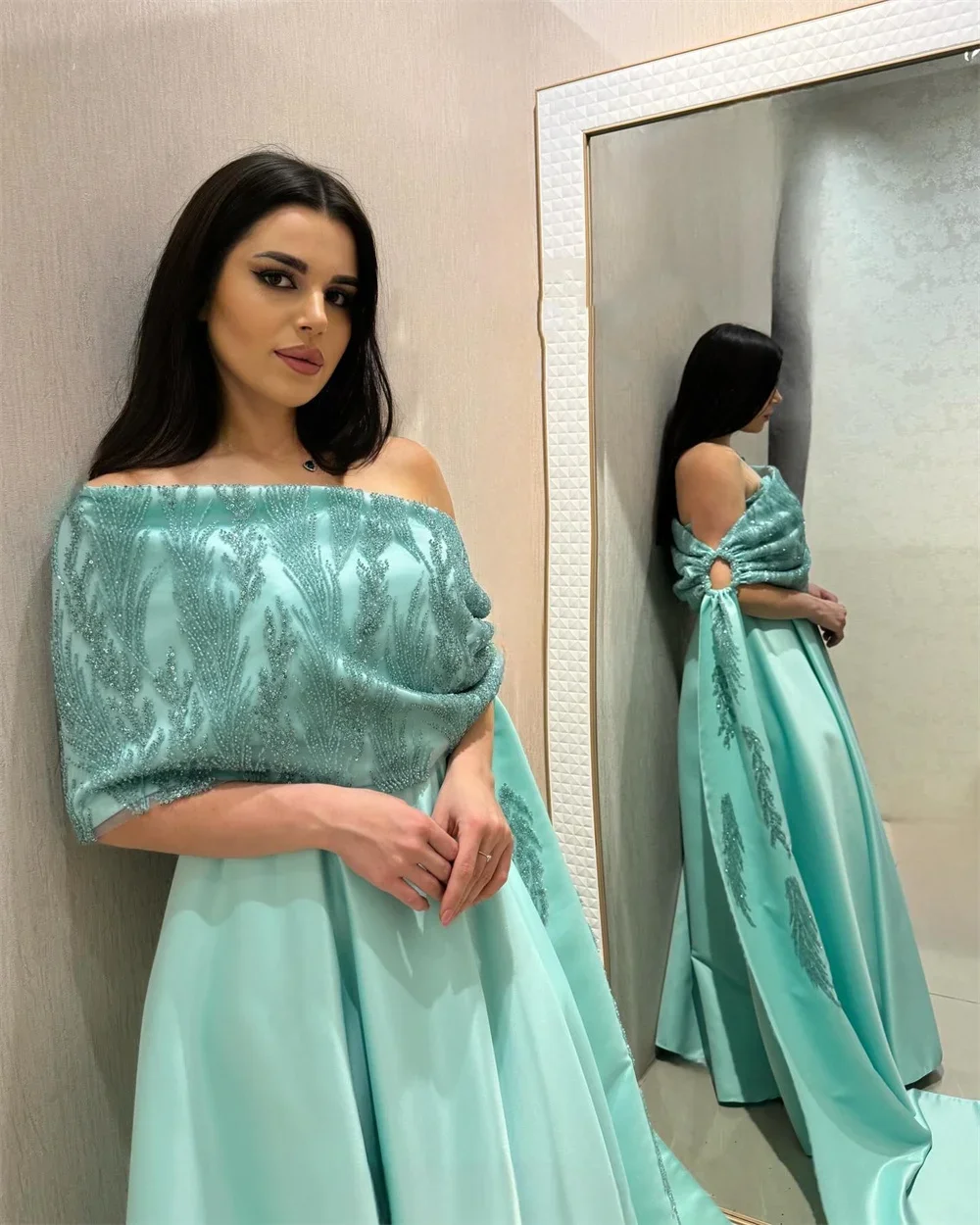 Customized Evening Dress Formal Dearin Off-the-shoulder A-line Floor Length Skirts Sequin Draped Bead Bespoke Occasion Dresses S