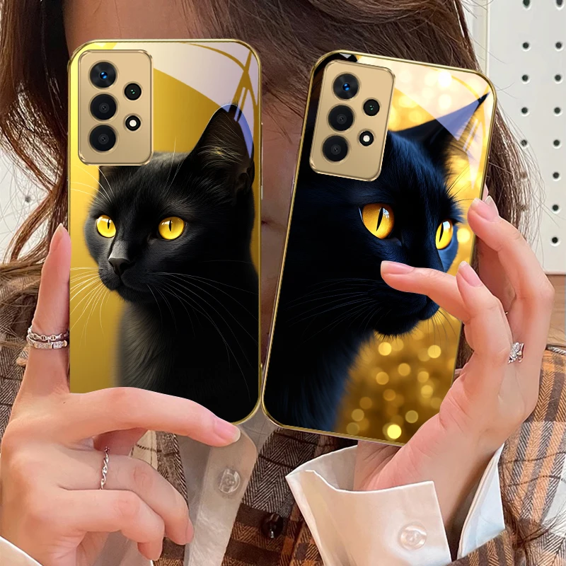 Mysterious kitten pattern For Samsung A 01 52S A04 A05S 10 12 13 22 23 24 36 42 M02 Note 10 20Ultra 8 9 Golden glass phone case