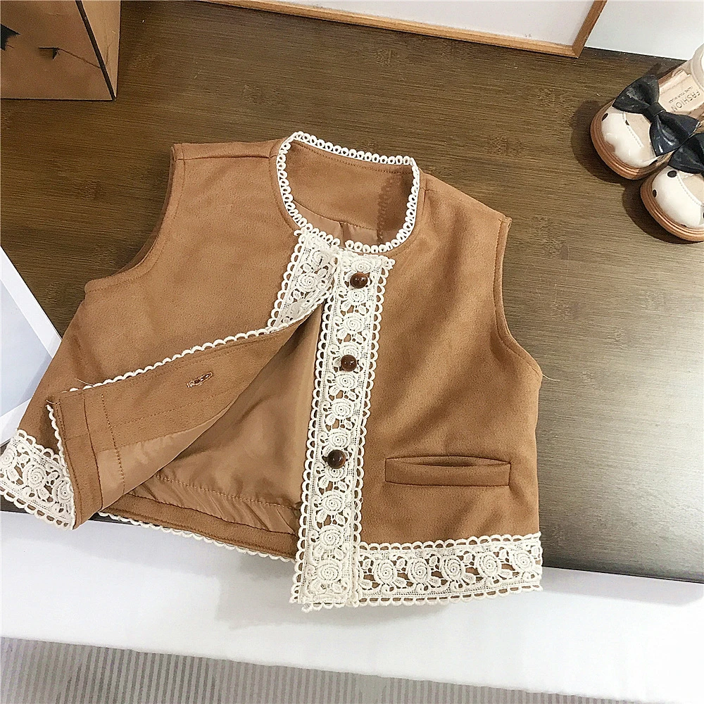 Girls' Lace Splicing Faux Suede Vest Autumn Petal Sleeve Turtleneck Undershirt Fashion Children's Elastic Waist Denim Pants