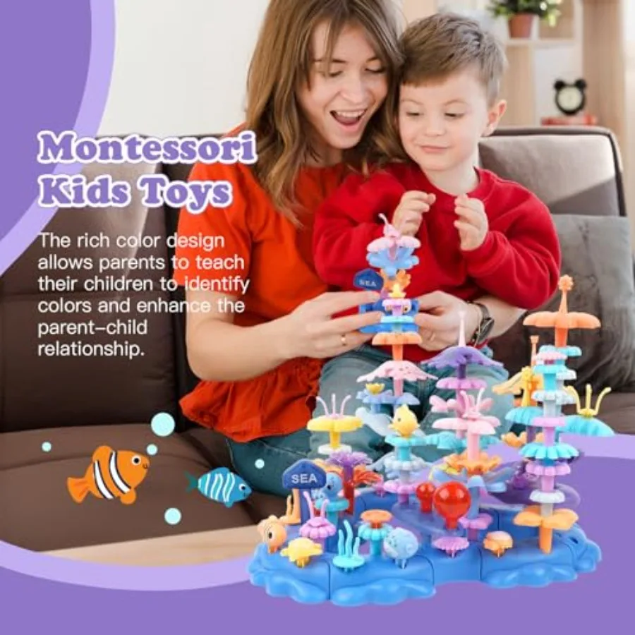 96PCS Ocean Adventures DIY Building Stacking Toys SetEducational STEM Toy Gift for with Organizer Box Fun Cognitive Learning To