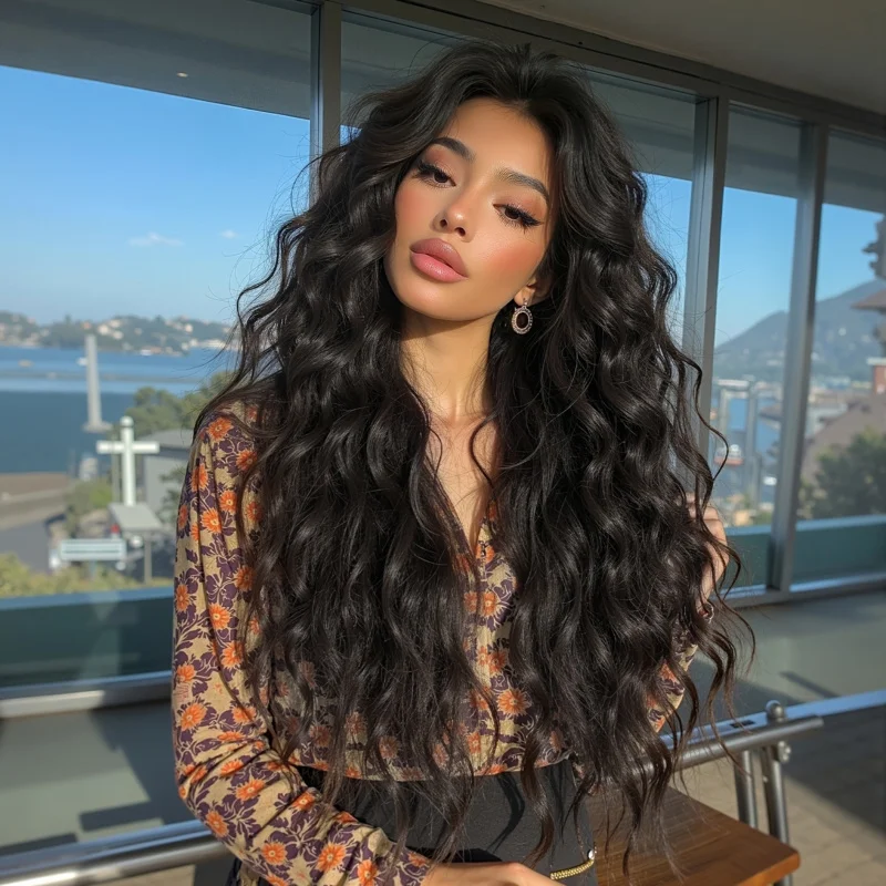 

Women's wig with middle parting, curly , black big wavy long hair, machine-made headpiece
