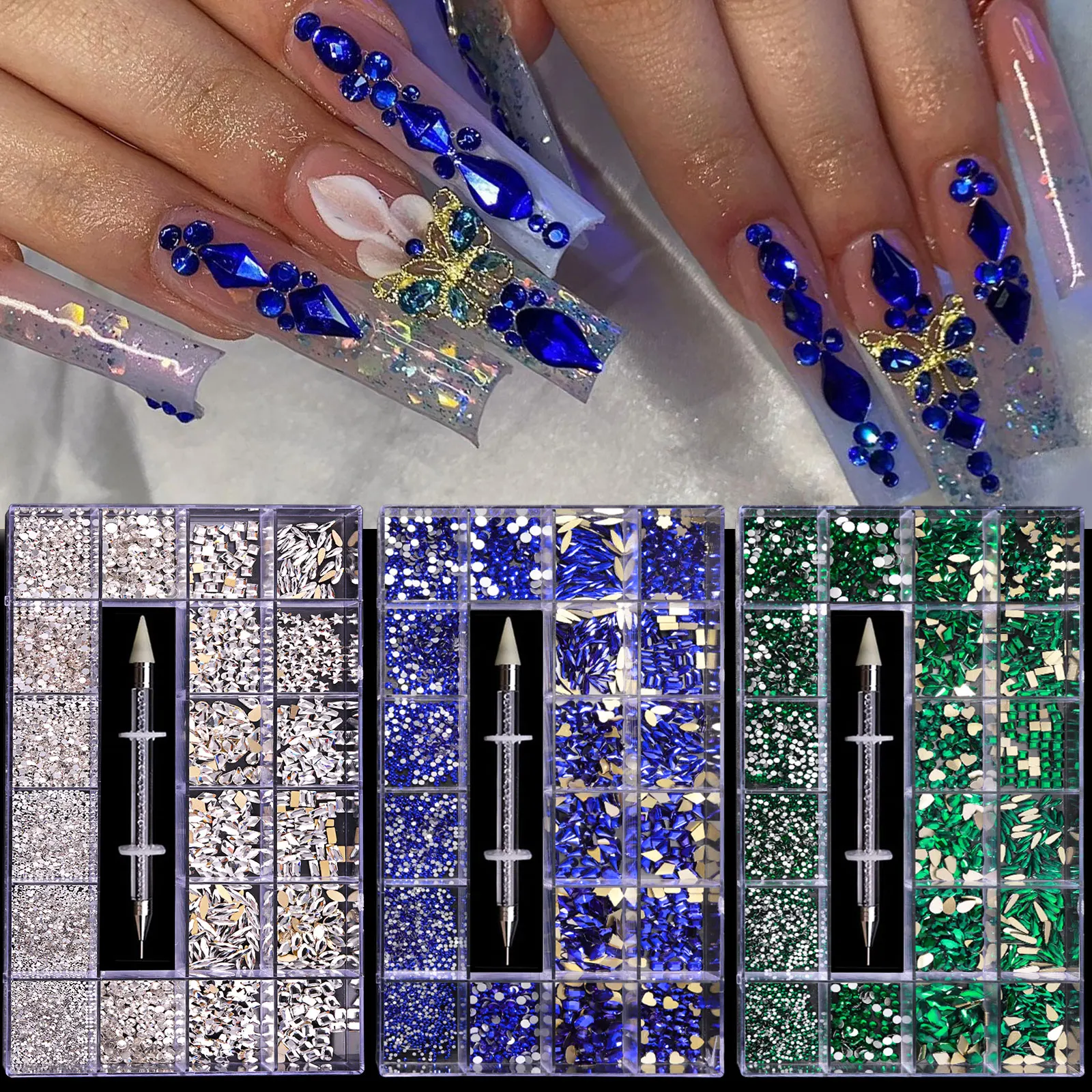 Mixed white Blue green Glass Crystal Diamond Flat Rhinestone Nail Art Decoration 21 Grid Box Nails Accessories Set With 1 Pick U