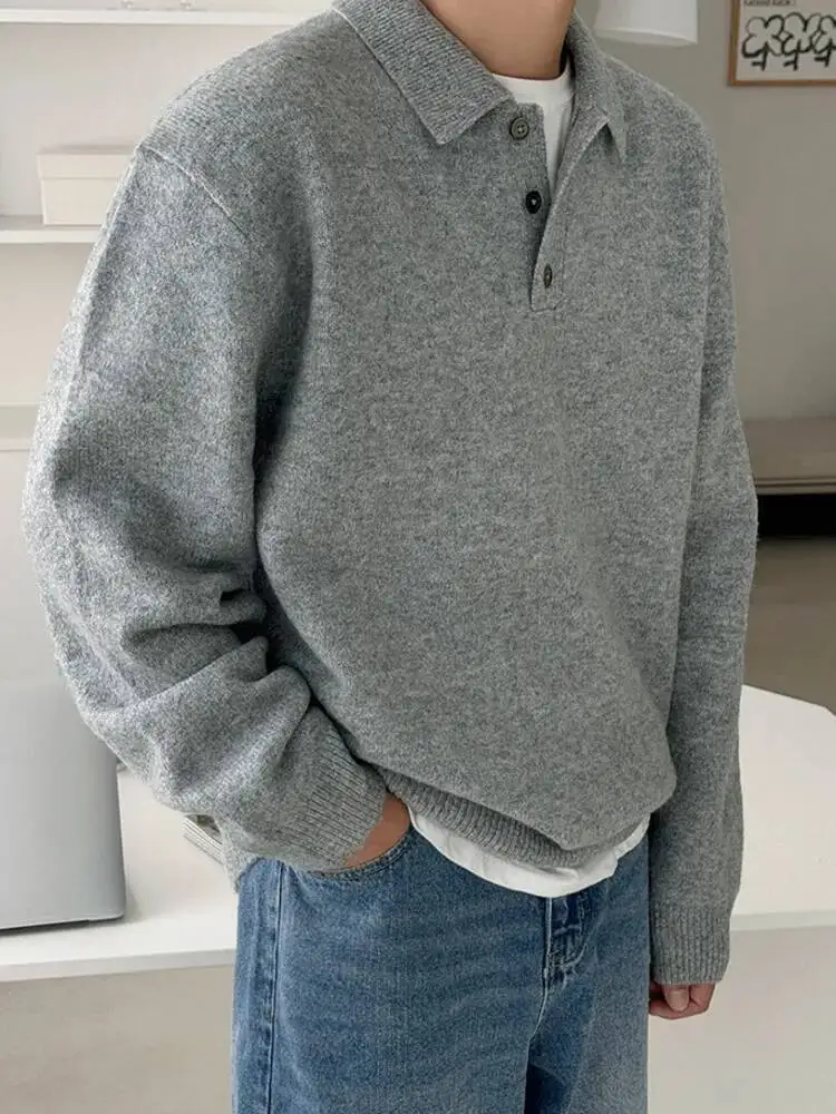 

Мужские свитера в корейском стиле с отложным воротником, однотонная вязаная мужская одежда, свободные мужские пуловеры, новинка зимы 2023 г.