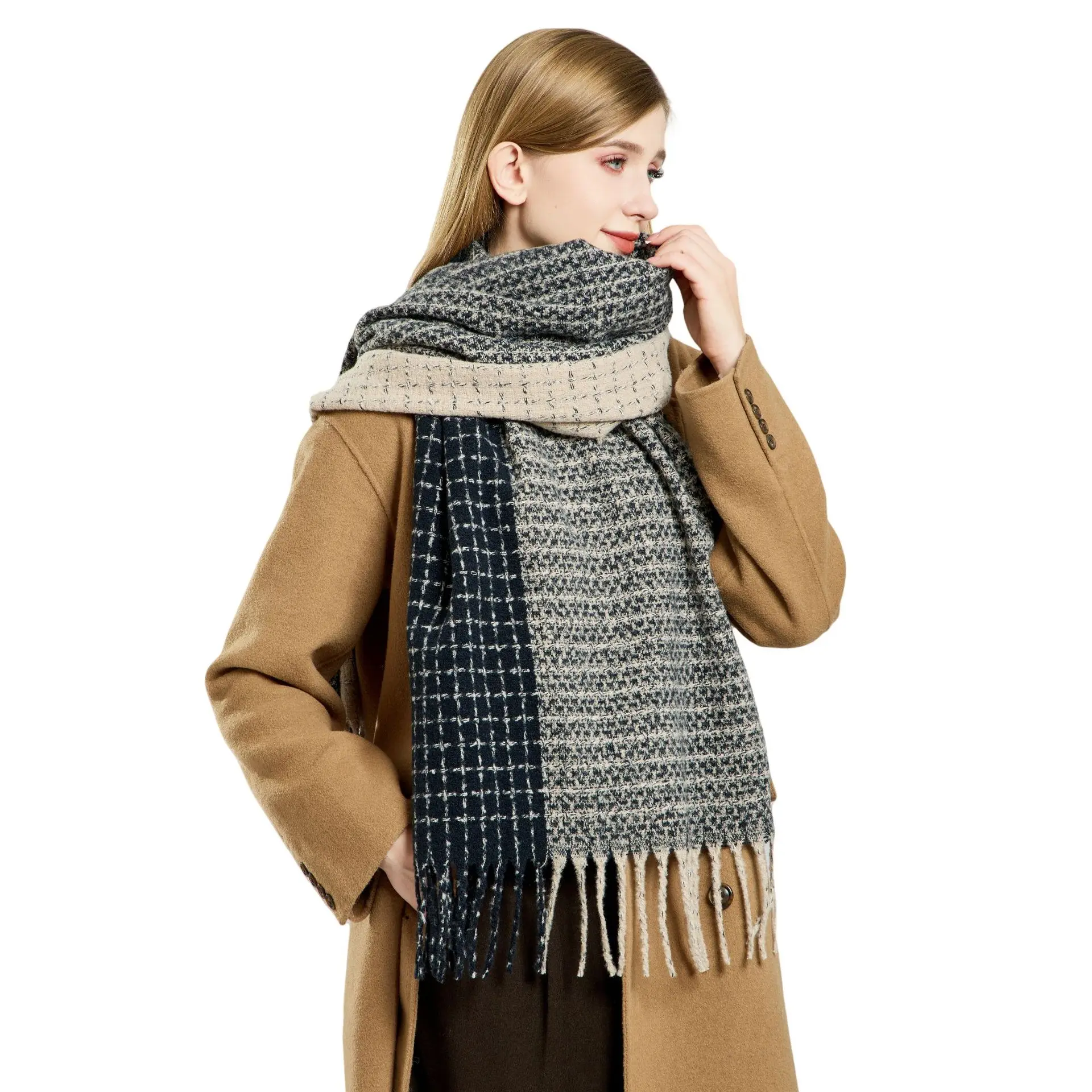 Winter Color Blocked Scarf women's Imitation Cashmere Fashion Versatile Shawl Warm Thicken Lengthened Tassel Scarf 4w975