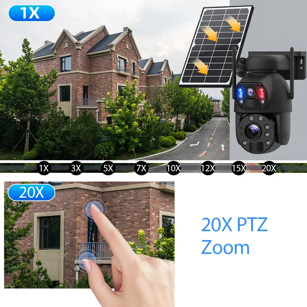 4K 8MP 20X PTZ Zoom 4G Solar Powerd Two-Way Audio Camera Dual Lens Dual Screen Human Detection Outdoor 10W Solar Panel WIFI CCTV