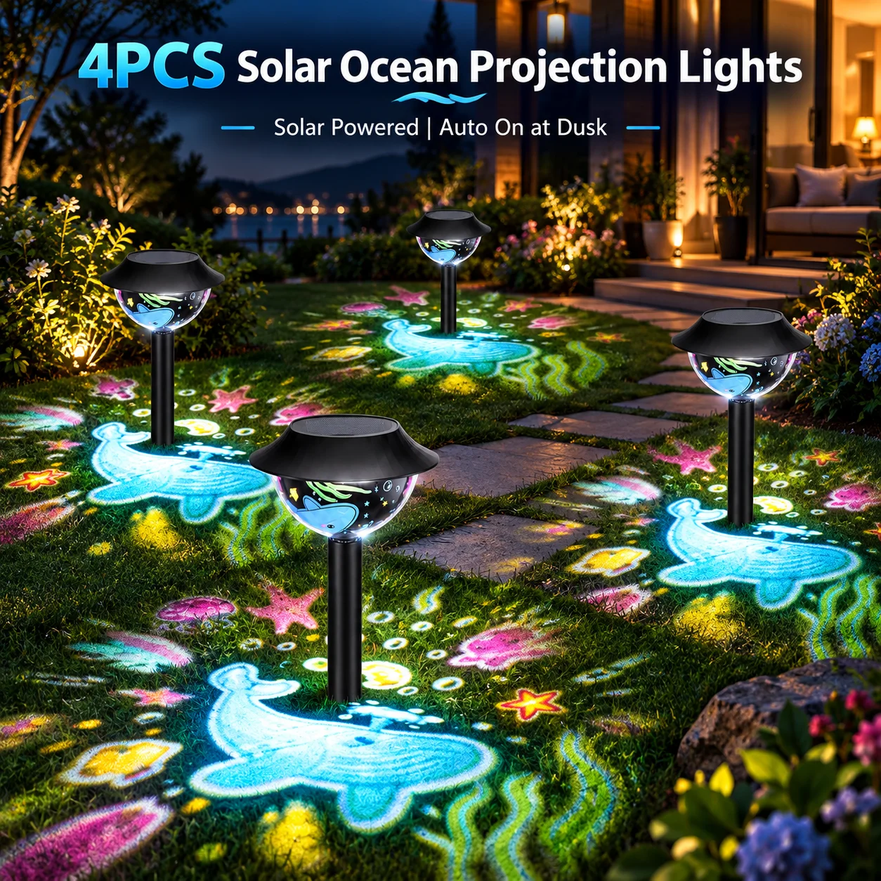 Outdoor Solar Pathway Lights, Automatic Dusk to Dawn Ocean Projection Garden Stake Lights,Waterproof Landscape Lighting for Yard