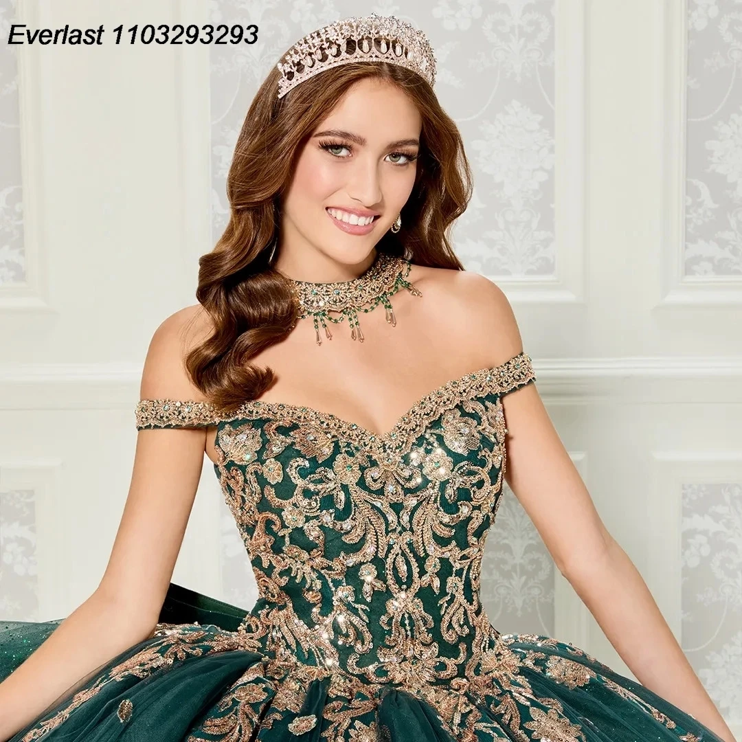 EVLAST abito Quinceanera verde smeraldo abito da ballo Applique in pizzo dorato perline di cristallo con fiocco dolce 16 Vestido 15 De aecos TQD205