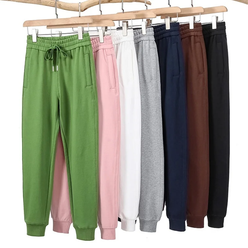 Fashion 380g Cotton Sweatpants Women's Casual Trousers 6-colors Elastic-waist Pencil Pants Comfy Bundle Foot Pants Spring Autumn