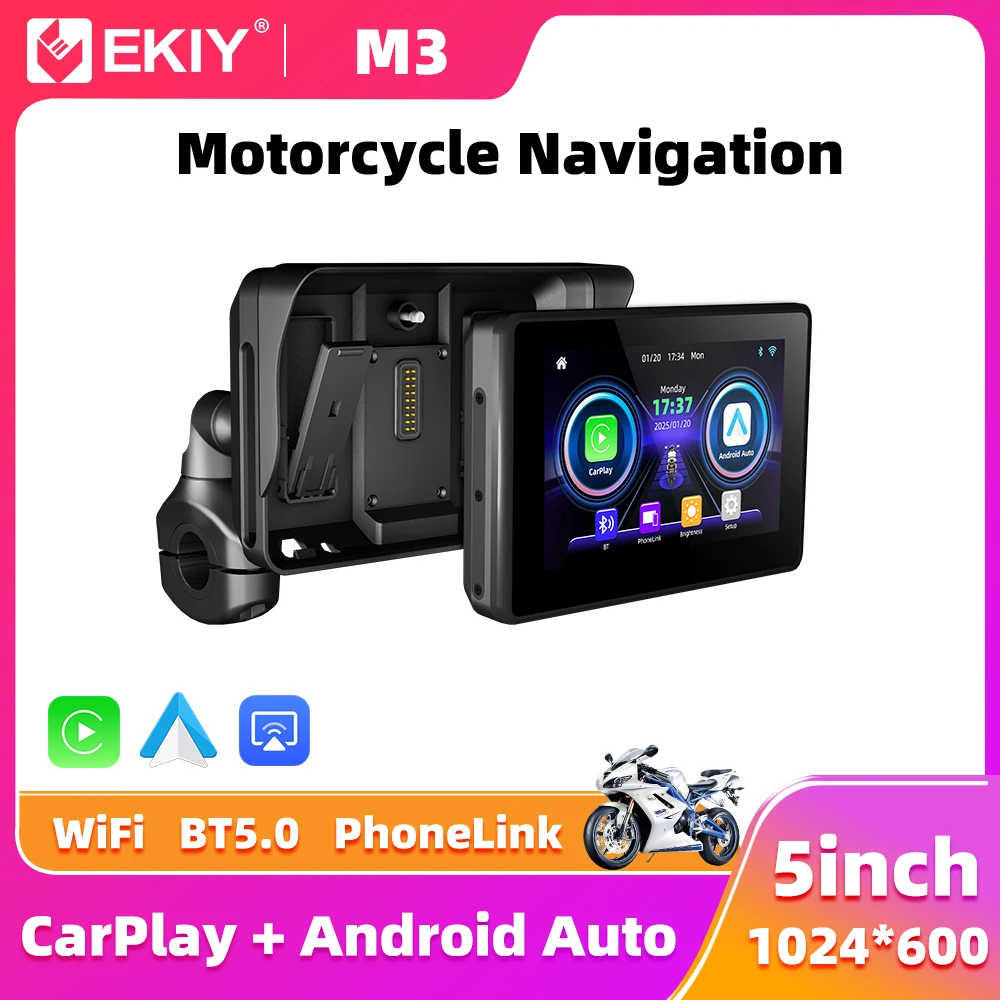 EKIY 5.0 "لوحة القيادة الرقمية المحمولة المضادة للسرقة شاشة قابلة للإزالة نظام تحديد المواقع للدراجات النارية الملاحة اللاسلكية CarPlay Moto Android Auto #1