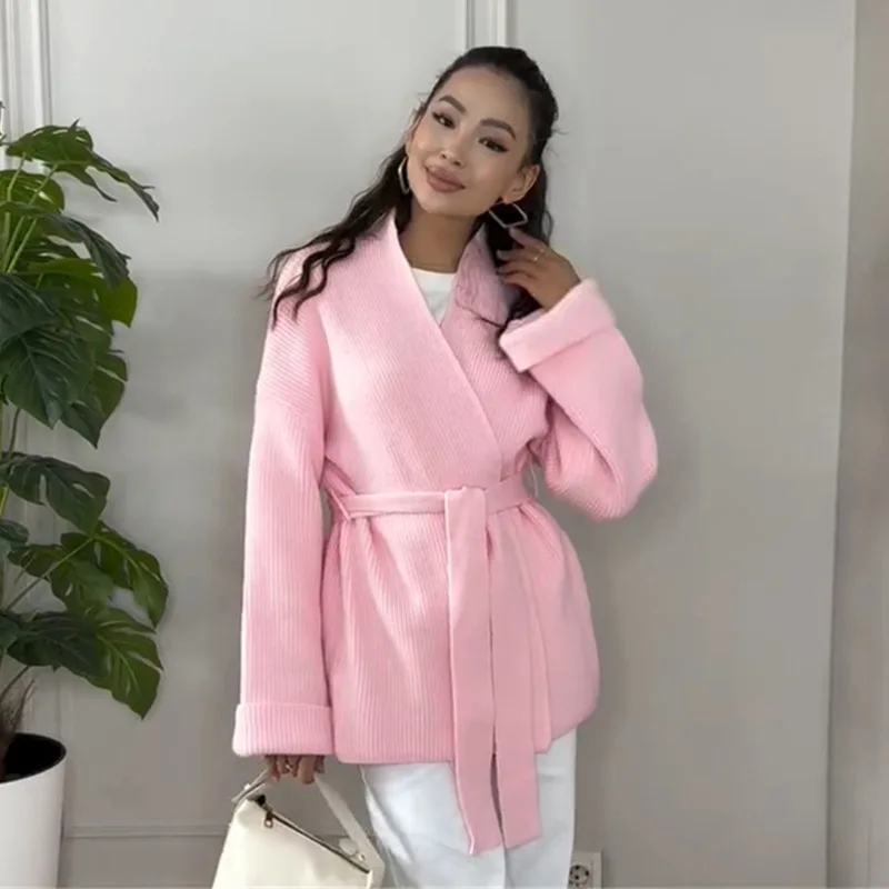 

Вязаный кардиган с V-образным вырезом и рукавами «летучая мышь» и поясом с длинным рукавом Женский топ Розовый Винно-красный Светло-желтый Темно-синий Многоцветные варианты