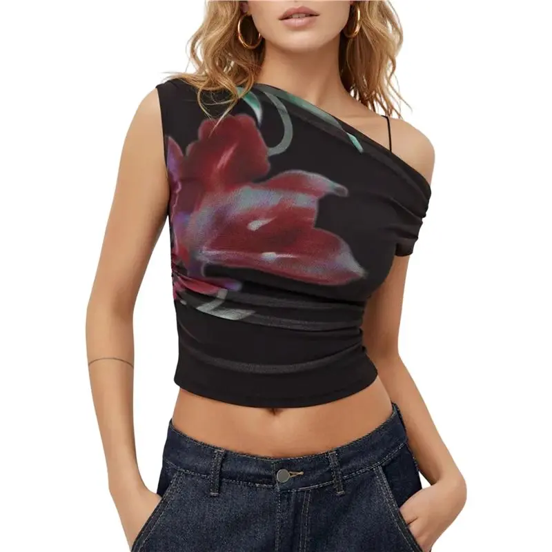 NEW-Womens Summer Floral Going Out Tank Tops Off Shoulder Slim Fit Y2K Crop Mesh Top Vacation Outfits