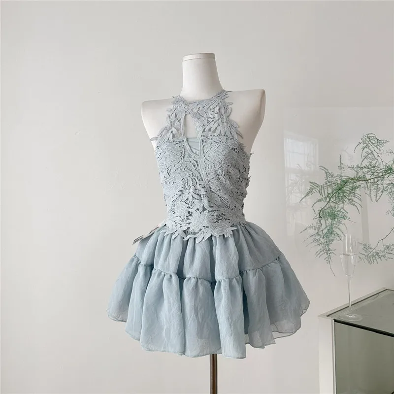 

Luxury Stunning Lady New Summer Two Pieces Sets Halter Short Lace Camis Vest Tank&Mini Puffy Skirt Suits Birthday Party Outfits