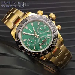 Men's Luxury Gold Coloured Watch, VK63 Movement Quartz Watch, Green Sterile Dial, Men's Luxury Chronograph Watch