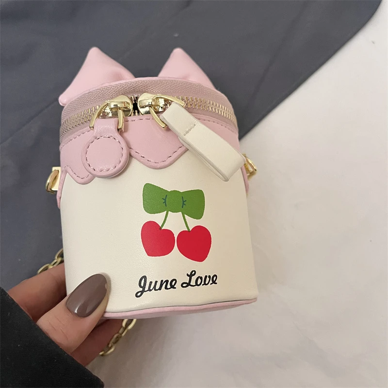 Fashion Cute Bow Candy Color Girls Side Bags Cherry Printed Chain Strap Kids Small Bucket Bag Children Crossbody Messenger Purse