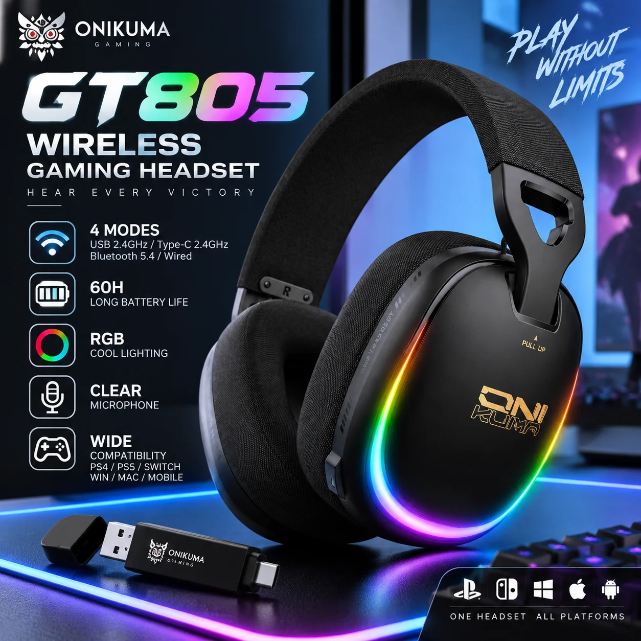 ONIKUMA GT805 Wireless Gaming Headset 2.4GHz Low Latency Bluetooth 5.4 RGB Headphones With Mic 60H Battery For PC PS5 Switch Gam