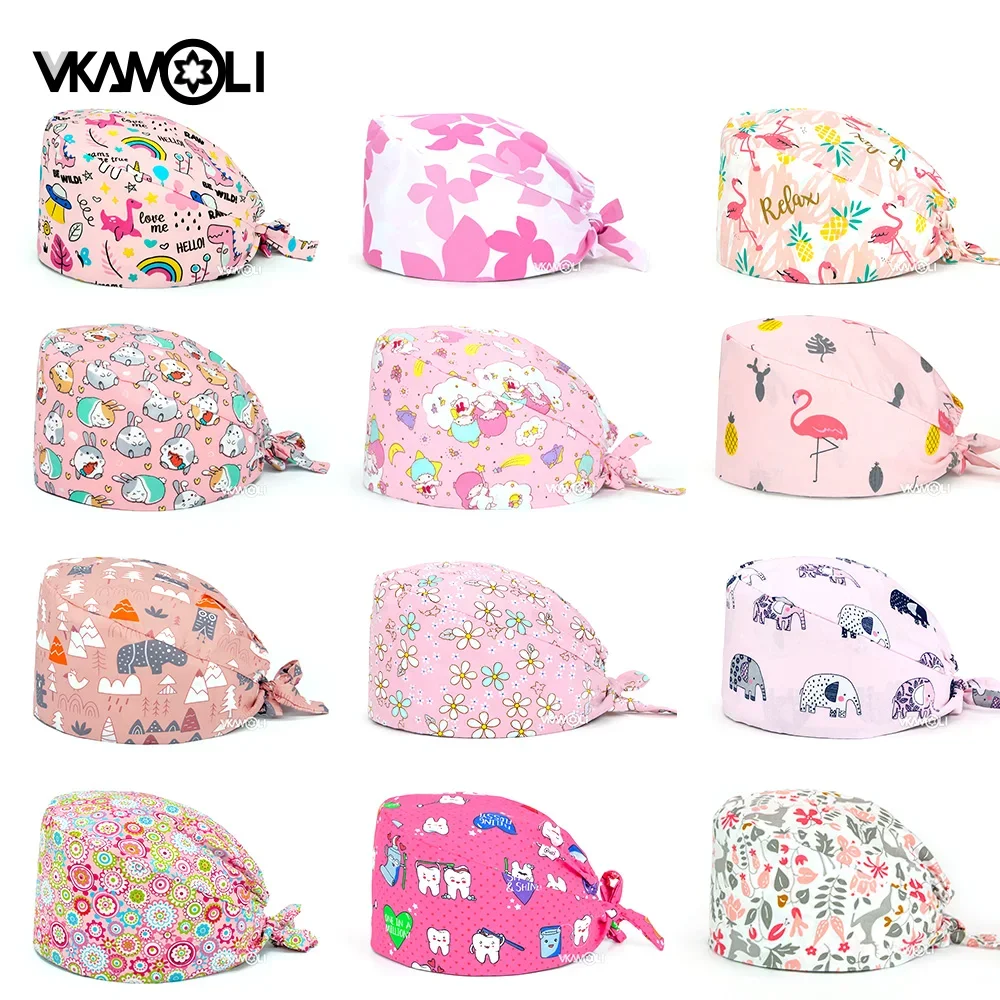 pink Printed Hats Men And Women Work Hat Scrub Cap Gorro Enfermera Quirofano Scrub Cap cotton Scrubs hat nurse accessories