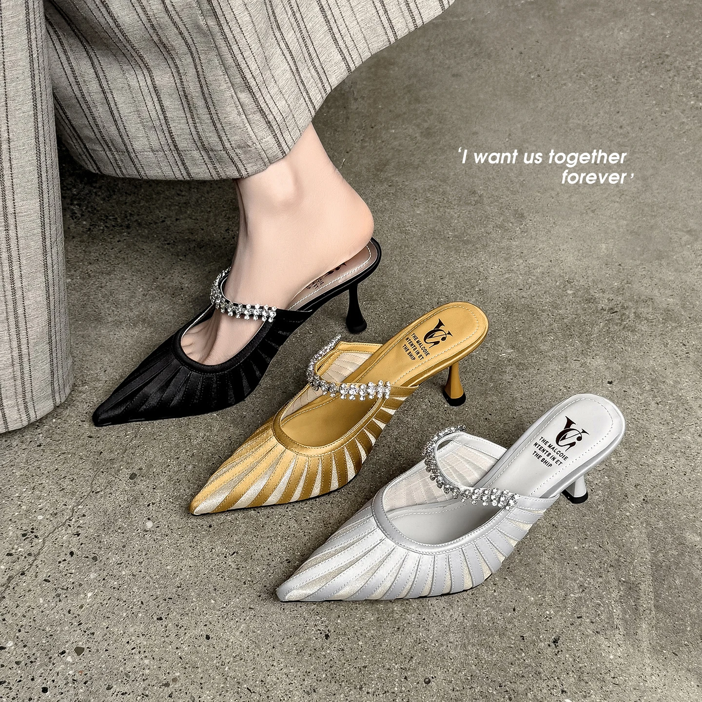 2026 new summer women sandals natural leather 22-25cm satin fabric+sheepskin pointed toe high heel mules buckle women slippers
