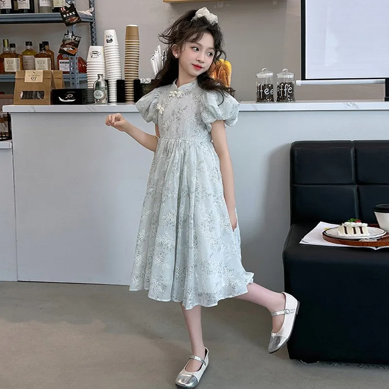 2024 Korean Summer Teenager Girl One-piece Dress School Girl Bubble Sleeve Flower Embroidery Dress Junior Girl Cheongsam Dress