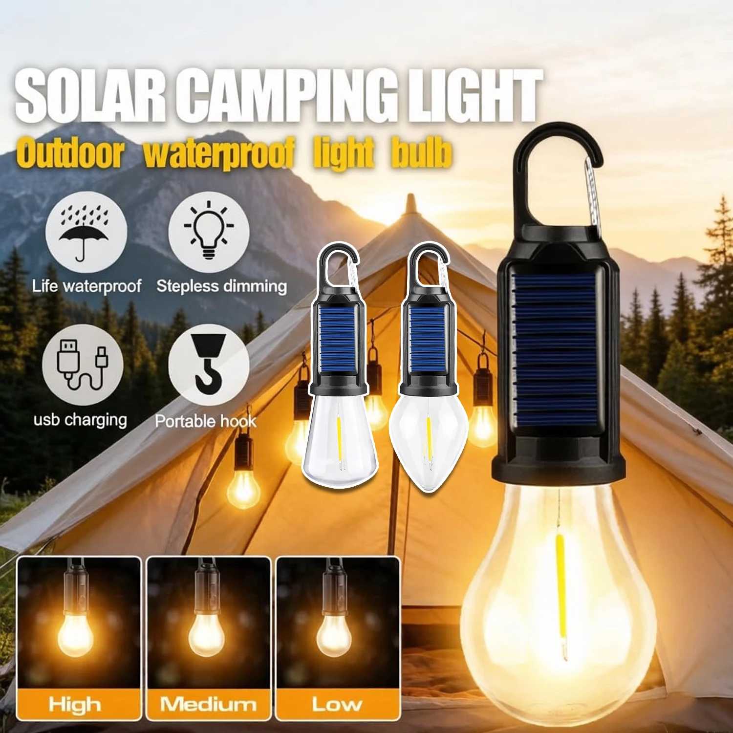 

Outdoor Home Solar Rechargeable Light Bulb Warm Light Illumination Long Life with Hook Camping Atmosphere Tent Light