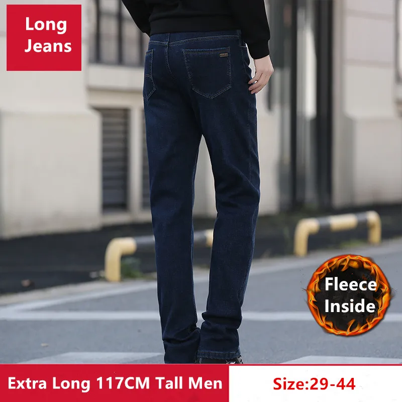 Jeans Bulu Pria Tinggi Pria Panjang Membentang 117CM Ukuran 42 44 Plus Celana Panjang Slim Fit Celana Denim Pinggang Tinggi Musim Gugur Musim Dingin Yang Hangat