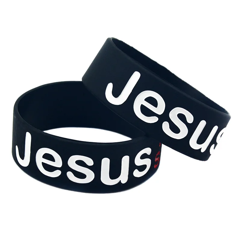 1 Stück 1 Zoll breites Silikon-Gummi-Armband mit der Aufschrift „Jesus ist mein Erlöser“ – religiöser Bibelvers-Armreif in Schwarz – Detail 1