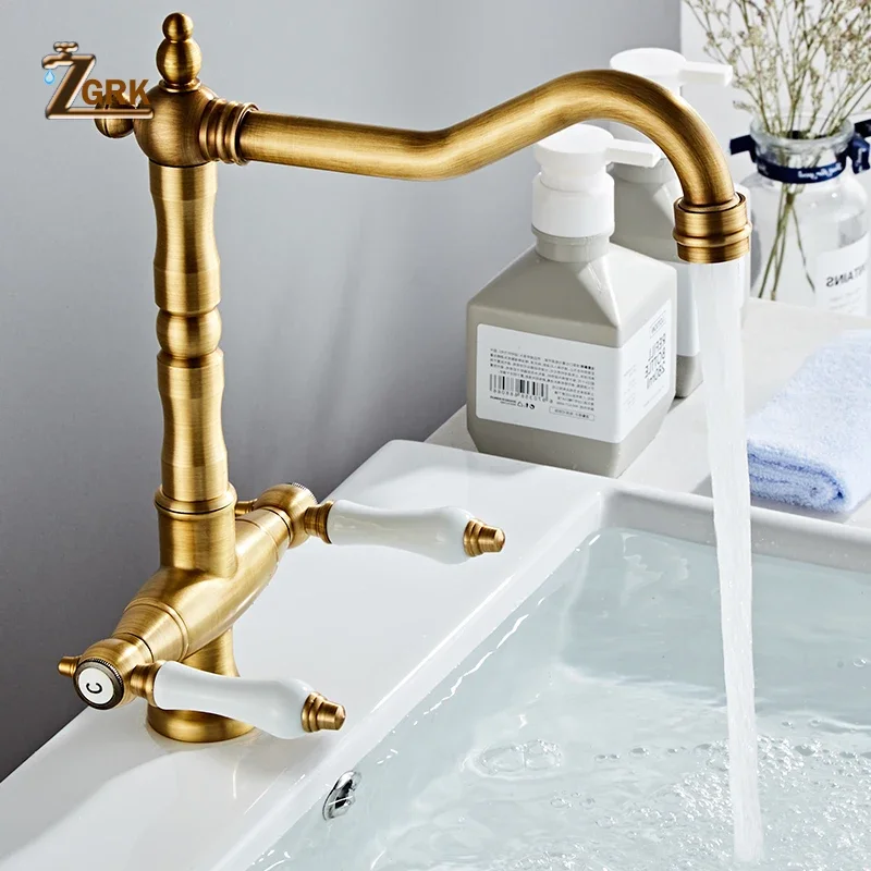 Brass Faucet Kitchen Cold and Hot Water Deck Mounted Basin Retro Faucet Dual Handle Single Hole Rotatable Water Tap Kitchen