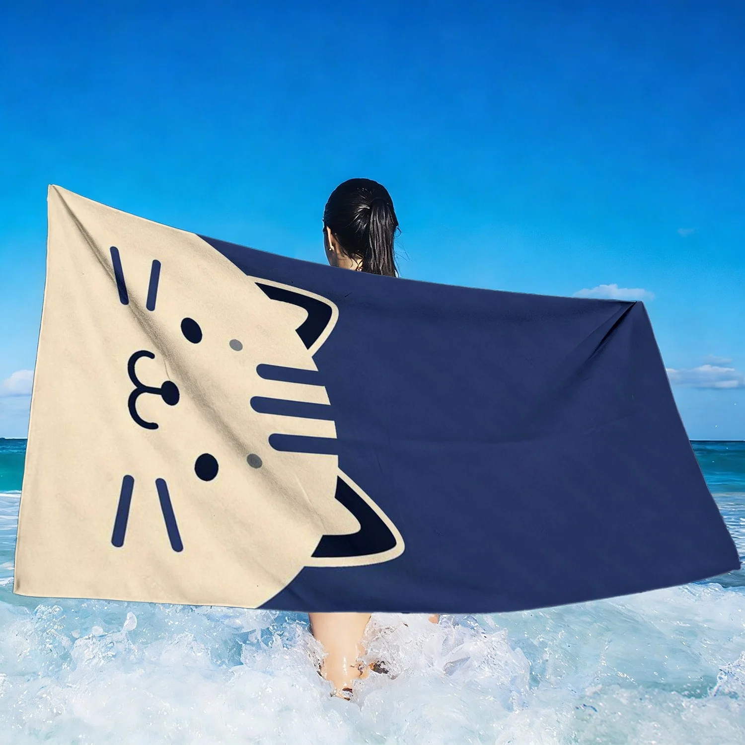 1pc Cute Cartoon Cat Striped Oversized Beach Towel, Quick-Drying Absorbent Towel, Perfect for Beach & Pool Use