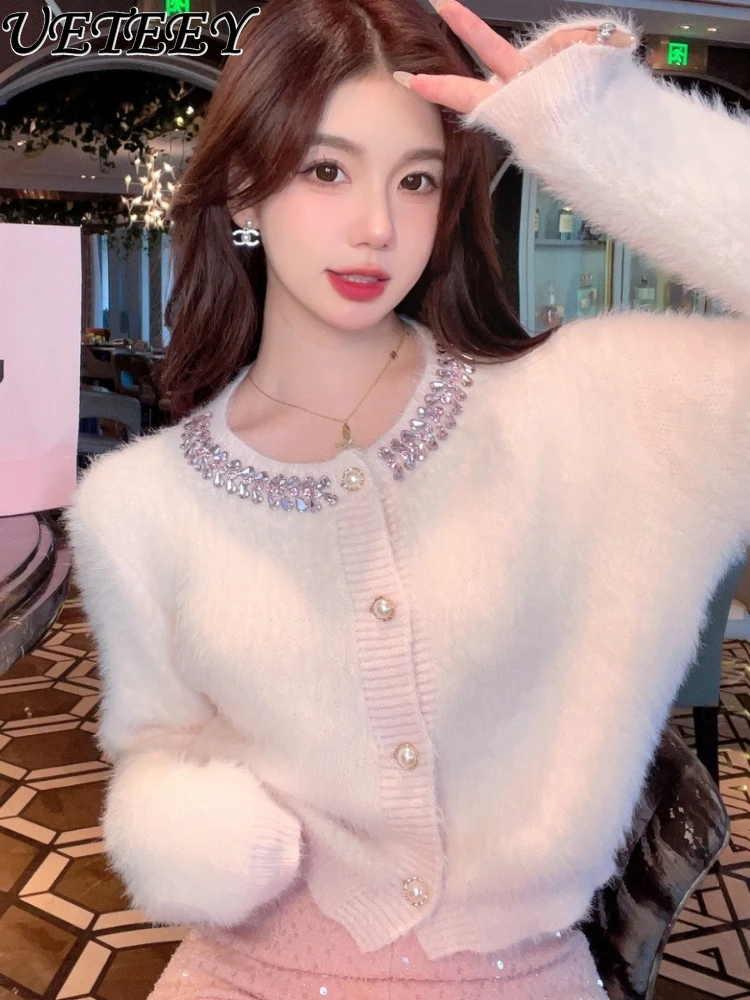 

Diamond-Embedded Mink Fur High-Grade Sweater for Women Autumn and Winter New Outerwear High Texture Short Cardigan Coat