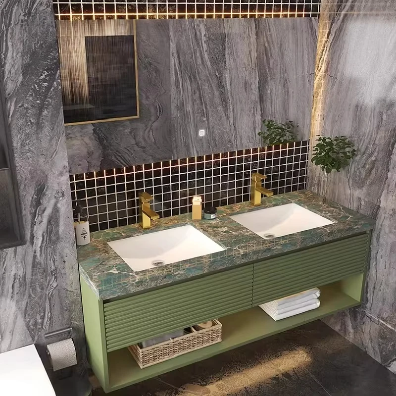 &c Modern Wall-mounted Vanity Unit for Bathroom - Grey countertop with lighting design - Includes mirror and LED lights - Dual