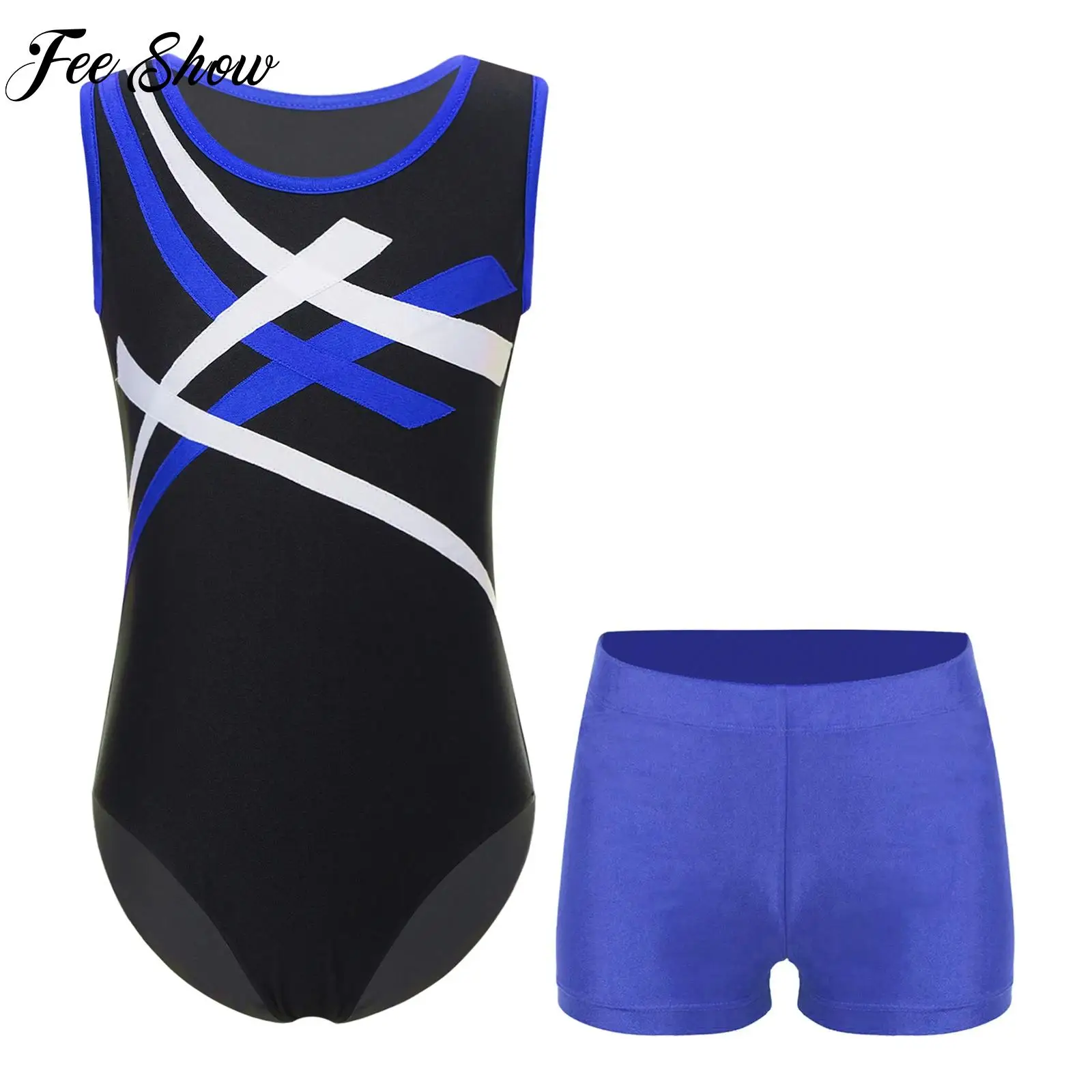 2 Pcs Boys Sports Outfit Gym Performance Bodysuit Kid Ballet Dance Skating Leotard Sleeveless Patchwork for Competition Training