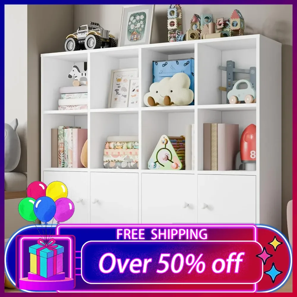 

White Wood Bookcase,12 Cube Storage Organizer Bookshelf with 4 Doors,3 Tier Storage Cabinet with Adjustable Shelves for Bedroom