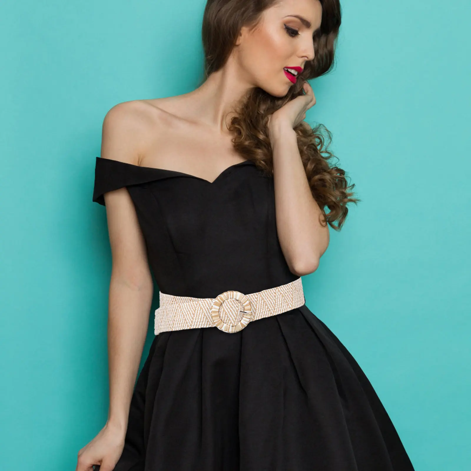

PP Straw Woven Wide Waist Belt for Women Dress Elegant Braided Stretch Elastic Belt Casual Formal Summer Rustic Fashion