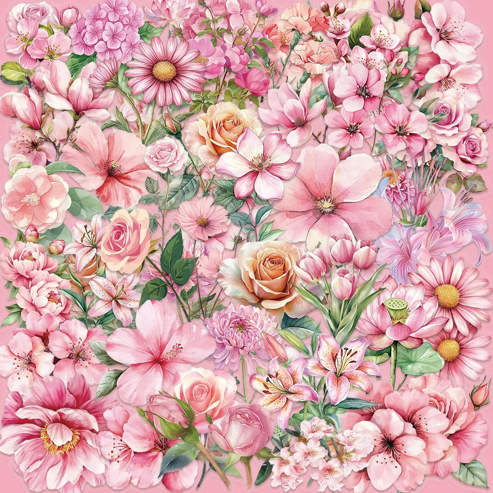 

50Pcs Cartoon Pink Flowers Romantic Series Stickers Pet Material Decoration Mobile Phone Case IPad Ledger Waterproof Stickers